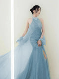 Nukty Evening Party Dress Women's Sleeveless Pearl Halter Elegant Dubai Banquet Gown Elegant Ladies Prom Dresses for Women Vestidos