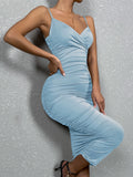 Nukty Sexy Women Maxi Dress Spaghetti Strap Ruched Sleeveless Backless Long Dress Party NightClub Evening Outfit