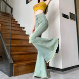 Nukty Y2K Vintage Raw Edge Flare Jeans Women Korean High Waist Slim Denim Pants Solid Hip Hop Streetwear All Match Wide Leg Trousers