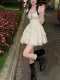 Nukty Summer French Vintage Floral Mini Dress Woman Beach Elegant One Piece Dress Korean Fashion Bow Sweet Short Party Dress Chic