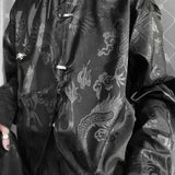 Nukty New Chinese Style Dragon Pattern Jacquard Silk Shirt For Men Casual Metal Buckle Dull Black Aesthetic Neutral Loose-fit Shirt