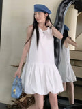 Nukty Summer Elegant Korean Solid Short Women's Dress Sweet Sleeveless O-Neck Loose-Fit Causal Office Lady Ball Gown Mini Skirt