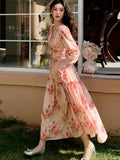 Nukty French Elegant Romantic Print Long Ruffles Dress Office Lady Slim Wasit Pleated V-Neck Robe Korean 2025 Spring Summer Vestidos
