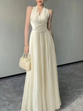 Nukty Summer Vintage Casual Fashion Elegant Sleeveless Long Dress Women V-Neck Corset Plain Folds A-Line Clothes Evening Dresses