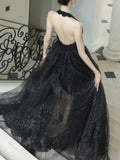 Nukty French Elegant Black Midi Women's Evening Dresses Mesh V-Neck Backless Halter Sequin Vestidos Spring Summer Prom Female Clothes