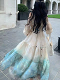 Nukty Autumn Printed Midi Dress for Women Vintage Off Shoulder Halter Long Sleeve Loose A-Line Casual Dresses Female Vestidos Mujer