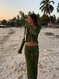 Nukty Women Sexy See Through Patchwork Long Skirt Set Fashion Long Sleeve Lace-up Shirt Tops Suit New Vocation Beach Outfits