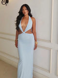 Nukty Women Sexy Hollow Out Deep V-neck Long Dress Fashion Solid Pleated Backless Lace-up Maxi Dresses Summer Vocation Beach Vestidos