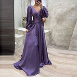 Cocktail Full Length Women Hem Maxi Dress Luxury Female V-neck Waist Party Dress Elegant Lantern Sleeve Ruffle Satin Dresses
