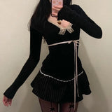 Nukty Y2K Lace Patchwork Top Contrast Color Women Autumn Spring Ribbon Lace-up Bow Coquette T-shirts Cute Causal Basics Tees