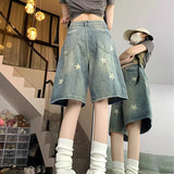 Nukty Y2K Star Printed Denim Shorts Women Fashion High Waist Wash Knee Length Jeans Bf Summer Streetwear Loose Wide Leg Pants