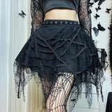 Nukty Gothic Black Mesh Fringed Mini Skirt Women Spider Web Lace Irregular Dark Skirts Pleated Y2K Grunge Halloween Party Clothes