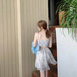 Nukty Fashion Sexy V-Neck Spaghetti Straps Floral Thin Chiffon Dress Women Summer Backless Elastic High Waist Party Club Mini Dresses