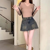 Nukty  Vintage Fringe Design Slimming High-waisted Denim Skirt Women's Mini Dress Plenty Wrinkles For Summer