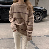 Nukty Women Mock Neck Thicken Warm Sweater Long Sleeve Stripe Knit Oversize Pullovers O-Neck Loose Casual Sweater Women Winter