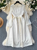 Nukty Autumn Elegant Jacquard Fairy Dress Vintage Court Style Lantern Sleeve Princess Party White Dresses Korean Bandage Vestidos New