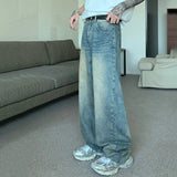 Nukty Korean Style Vintage Men's Denim Pants Fashion Washed Distressed Straight Gradient Jeans Summer Loose Slim Wide Leg