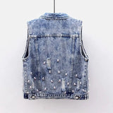 Nukty 2024 Student Vest Slim Short Jacket Embroidery Flowers Sleeveless Denim Vest Women's Beaded Waistcoat Hole Jeans Vest Coat Girl