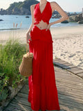 Nukty Sexy Red Skirts Suits Elegant Halter V-neck Short Top + Casual High Waist A-line Long Skirt Womens Two Pieces Set Woman Clothing