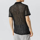 Nukty Summer Men's Clothing Knit Hollw Out Shirts Lapel Short Sleeve Mesh Sexy Button-down Solid Color Streetwear Party Knitwear S-3XL