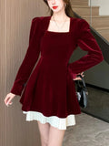 Nukty Korean Velvet Mini Dress Elegant Long Sleeve Square Collar Patchwork A-Line Birthday Party Vestidos High Waist Female Dresses