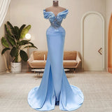 Nukty Baby Blue Mermaid Evening Dresses Women Off the Shoulder Sparkle Sequins Formal Party Gowns Long Satin Occasion Vestido De Gala