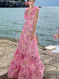 Nukty French Chic Ruffles Floral Print Dresses For Women Backless Beach Style Cake Dress Female Long Vestidos Summer Maxi Dress