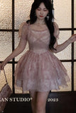 Nukty Korean Sweet Lace-up Mini Dress Elegant Print Puff Sleeve Ball Gown Birthday Party Short Dresses Summer Spring Princess Vestidos