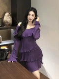 Nukty Women French Sexy Fairy Mini Dress Autumn Spring Purple Slash Neck Flare Long Sleeve Female Evening Party Prom Vestidos Outfits