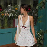 Nukty Cherry Print V-Neck Sleeveless Sexy Backless Casual Halter Mini Dress Y2K Spring Summer Streetwear Party Women Vestidos