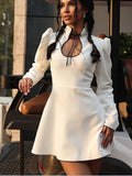 Nukty Elegant Black Lace-up Puff Sleeve Mini Dress Women Fashion Stand Collar High Waist A-line Dresses Autumn New Street Partywear