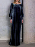 Nukty Velvet Vintage Women Maxi Dress Oversize Boat Neck Lantern Long Sleeves Evening Dress Slim Fit Pleated Bodycon Prom Dress