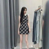 Nukty Sweet Plaid Sleeveless Mini Dress Women Korean Preppy Style Lapel Waist Slim A-line Y2k Dresses Casual Chic Vestidos