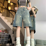 Nukty Y2K Star Printed Denim Shorts Women Fashion High Waist Wash Knee Length Jeans Bf Summer Streetwear Loose Wide Leg Pants