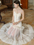 Nukty Elegant Mesh Patchwork Evening Dresses Fashion Spaghetti Strap Birthday Party Dress Summer Spring Prom Vestidos Female Clothing