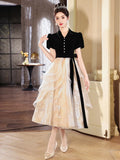 Nukty Black V-neck Evening Dress Elegant Puff Sleeve Bow Formal Banquet Dresses Elegant Print Princess Cake Dress Female Party Gown