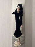 Nukty French Black Lace Square Neck Wrap Hip Fishtail Dress Spring Korean Women Vintage Slim Evening Party Velvet Long Dresses