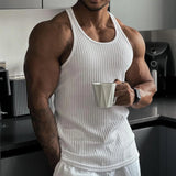 Nukty Large Size Men's Sleeveless Summer Knitted Vertical Stripe Fitness Sports Leisure Slim Men's Vest Men's L-Line Vest Men's