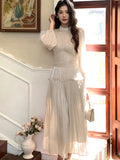 Nukty Elegant Chic French Pleated Solid Dresses New Puff Sleeves Slim Wasit Midi Women's Dresses Party Prom Female Clothes Mujer