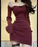 Nukty Girls Sexy Knitted Dress Square Collar Christmas Red Knitted Skirt Autumn and Winter Underlay Skirt Knitted Wrap Hip Skirt