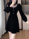 Nukty Elegant Black Velvet Mini Dress for Women Long Sleeve Bodycon Evening Dresses Korean Fashion Autumn Mesh Patchwork Outfits New