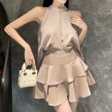 Nukty Y2k Crop Tank Tops Skirt Suits Summer New Fashion Solid Camis Sleeveless Blouse High Waist Elegant Ladies Korean Two Piece Set