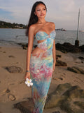 Nukty Women Hollow Out Print Maxi Dress Sexy One Shoulder Sleeveless Backless Bodycon Long Dresses Lady Beach Vocation Vestidos