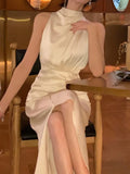 Nukty Women Summer Halter Satin Midi Party Dress Sleeveless Bodycon Slim Casual Solid Birthday Vestidos Female One Pieces Fashion Robe