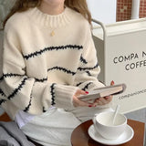 Nukty Women Mock Neck Thicken Warm Sweater Long Sleeve Stripe Knit Oversize Pullovers O-Neck Loose Casual Sweater Women Winter