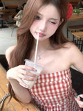 Nukty French Plaid Spliced Lace Strapless Dress Women's Spring Summer New Retro Waist Hugging Design Niche Long  Vestidos New