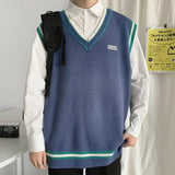Nukty Autumn Knitted Sweater Vest Men Teens Lazy Striped Harajuku V-neck Preppy Style All-match Streetwear Couples Knitwear Fashion