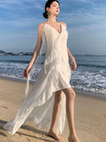 Nukty Summer Irregular Fairy White Womens Dresses Elegant Spaghetti Strap V-Neck Birthday Party Dress Holiday Beach Vestidos Robe New