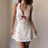 Nukty Cherry Print V-Neck Sleeveless Sexy Backless Casual Halter Mini Dress Y2K Spring Summer Streetwear Party Women Vestidos