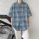Nukty Vintage Blue Loose Plaid Men'S Shirt Fashion Tie-dye Printed Lapel Short Sleeve Men Shirts Blouses Tops Male Clothing 5XL-M